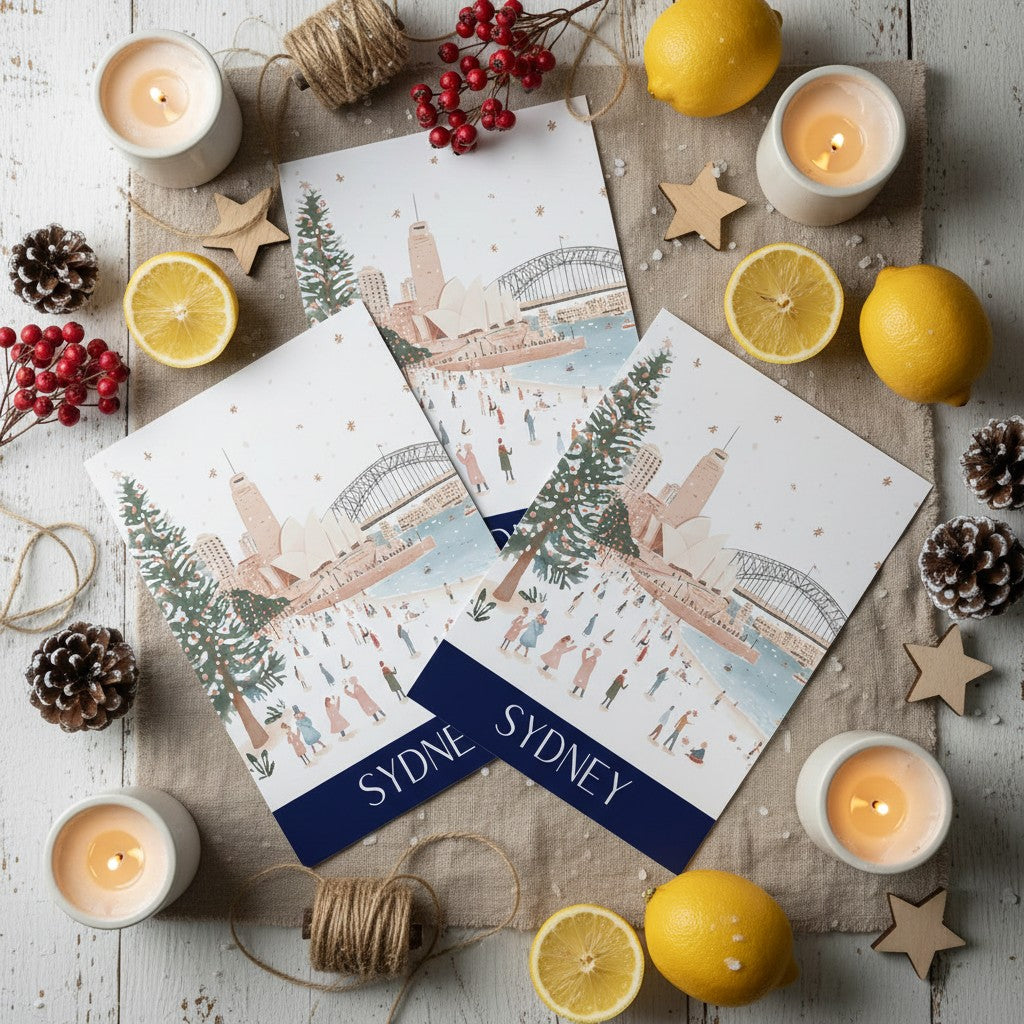 Sydney-themed Christmas greeting cards with Christmas decorations on a wooden surface.