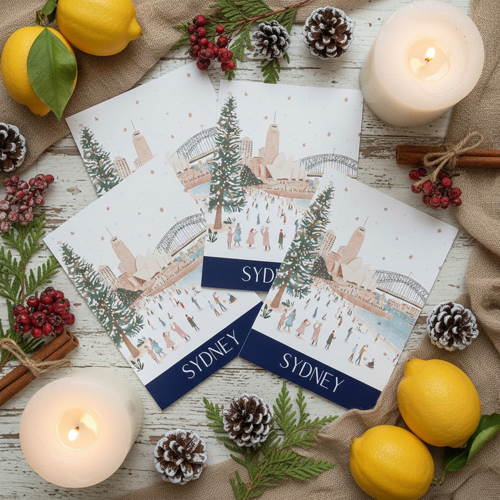 Christmas-themed cards with Sydney illustration on a festive background with candles and lemons.