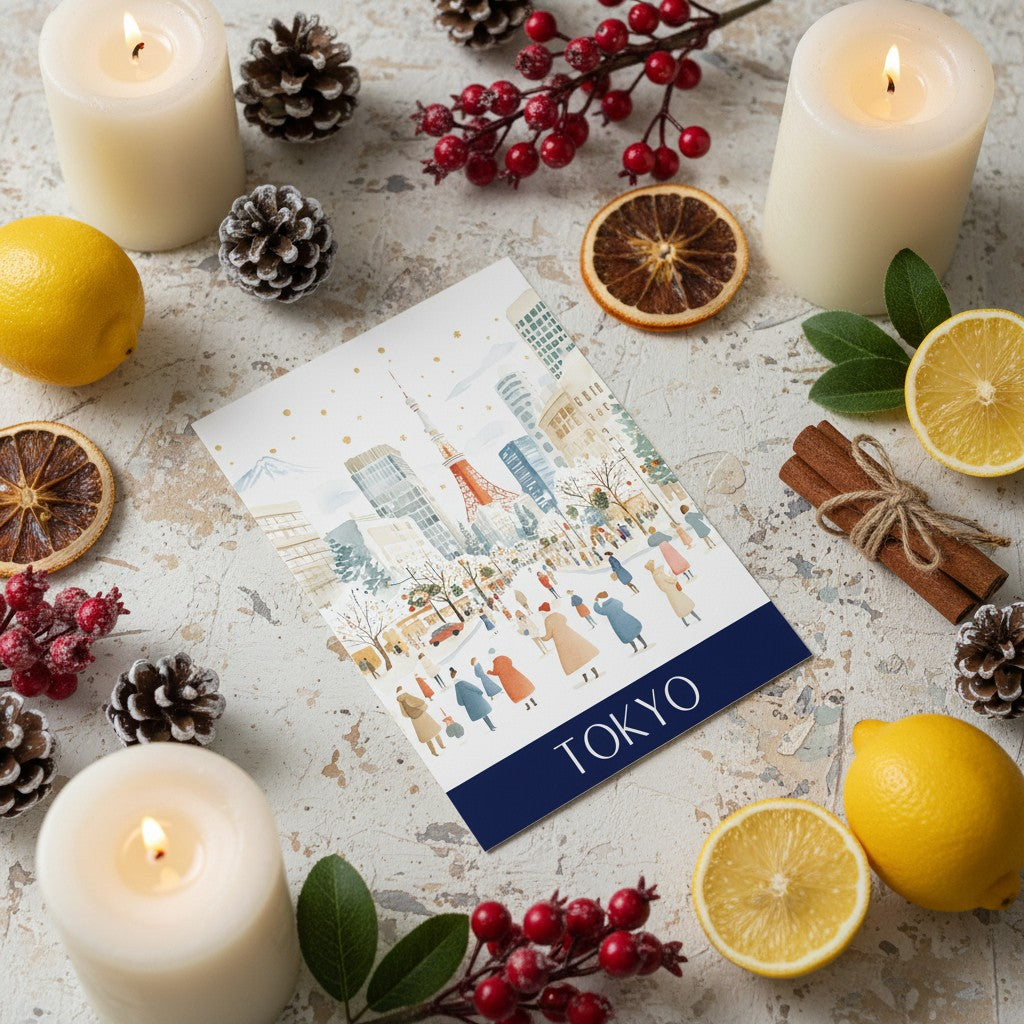 Christmas Card with 'Tokyo' design surrounded by candles, lemons, and decorative items on a textured surface