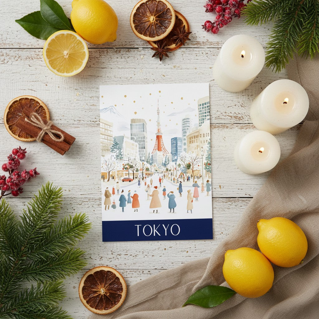 A rectangular Christmas card featuring a watercolour winter scene of Tokyo with the Tokyo Tower and city skyline, plus small illustrated figures and the word TOKYO at the bottom. The card is styled in a flat lay on a whitewashed wood surface with lemons, dried orange slices, cinnamon sticks, red berries, evergreen branches, lit white candles, and a beige cloth.