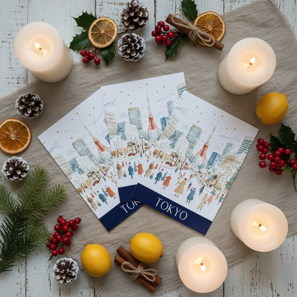 Three illustrated Christmas Cards featuring a winter city scene with the word TOKYO on a navy strip, arranged on a beige cloth with candles, pinecones, holly, dried orange slices, cinnamon sticks, and lemons.