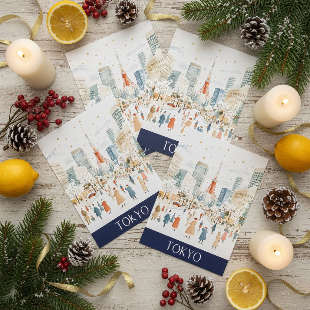 Christmas Cards with 'TOKYO' text on a wooden surface with Christmas decorations.