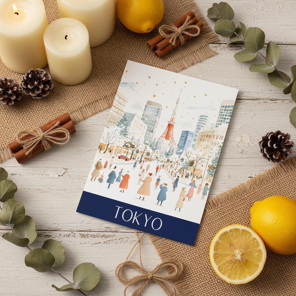 A rectangular Christmas card featuring a winter Tokyo city scene with the Tokyo Tower and Tokyo Station, styled in a flat lay with candles, lemons, pinecones, cinnamon sticks, eucalyptus leaves, and burlap on a whitewashed wood surface.