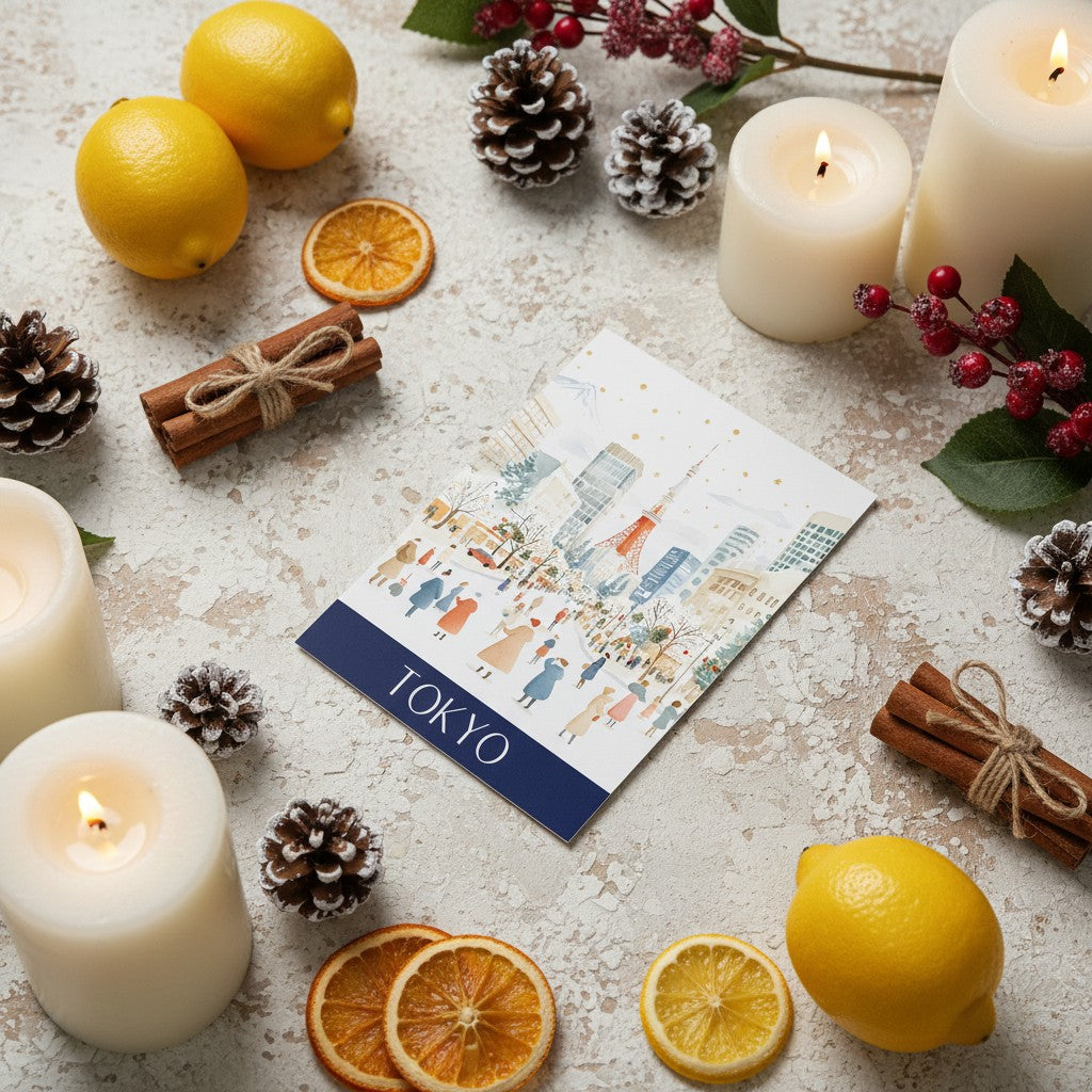 Decorative setting with candles, lemons, oranges, pinecones, and a Christmas card labelled 'Tokyo' on a textured surface.