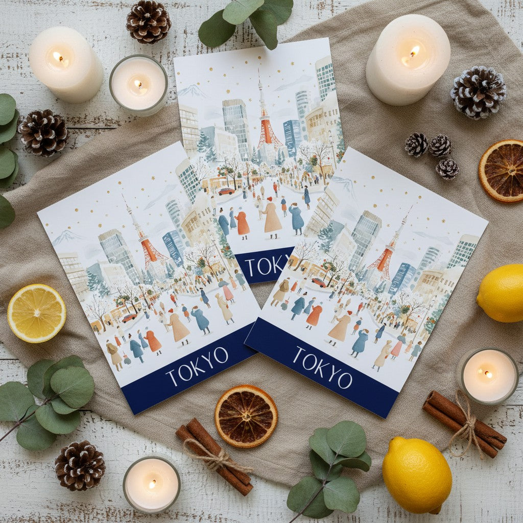 Christmas Cards with a cityscape design labelled 'Tokyo' on a wooden surface with candles and decorative items.