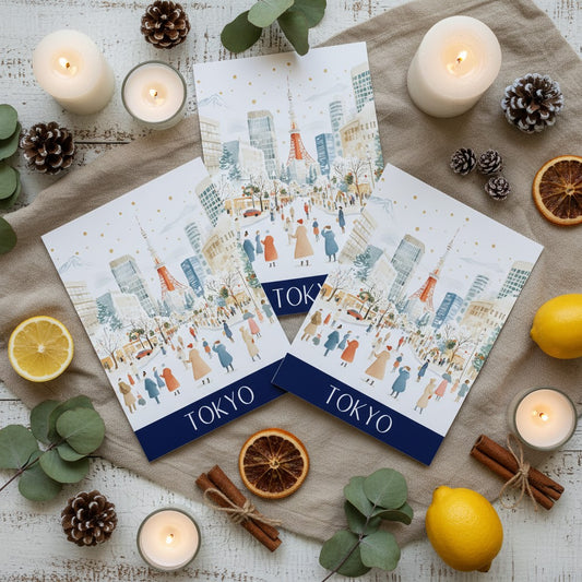 Christmas Cards with a cityscape design labelled 'Tokyo' on a wooden surface with candles and decorative items.