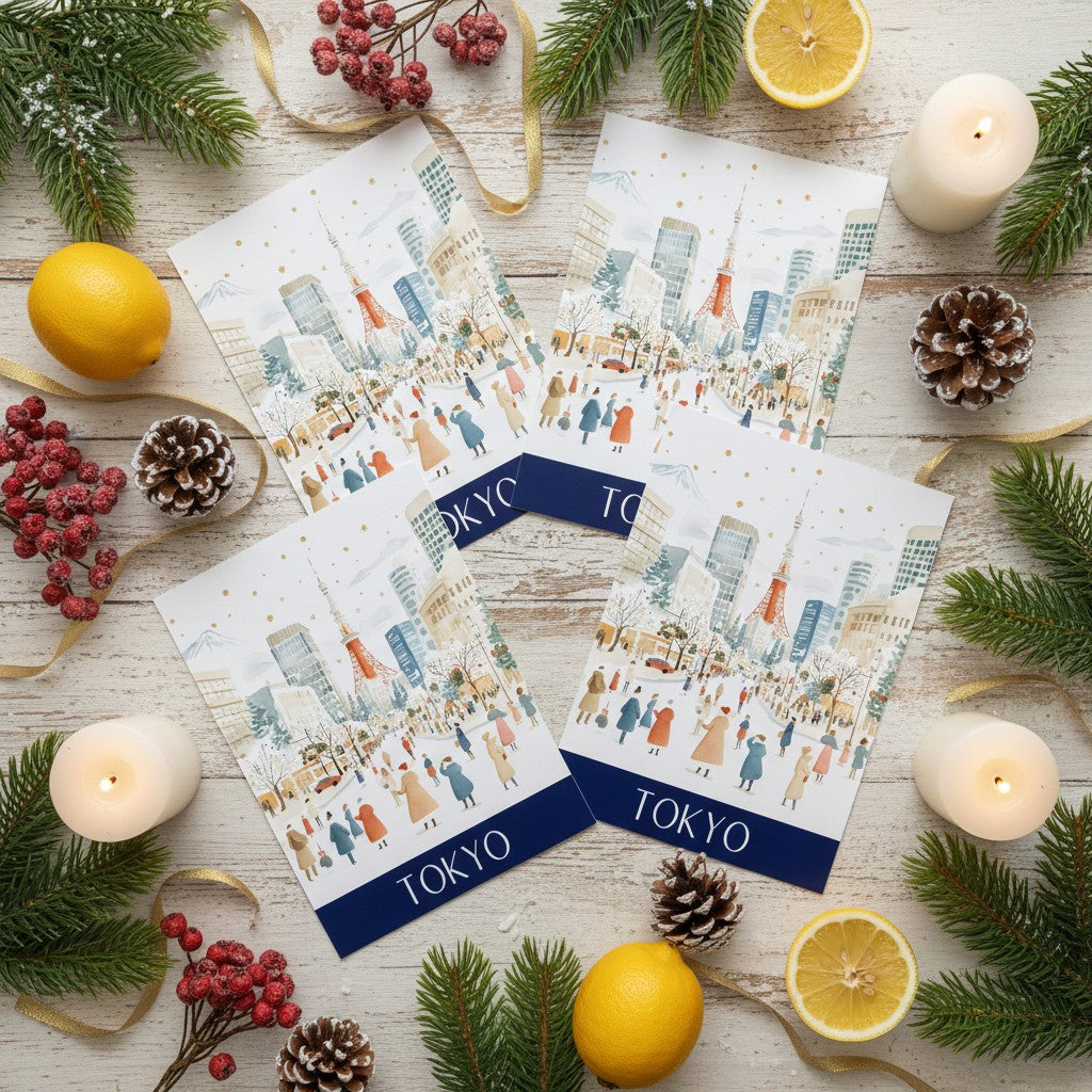 Three illustrated Christmas greeting cards with a winter Tokyo city scene and navy 'TOKYO' bands, arranged on a whitewashed wooden surface with candles, pine branches, lemons, berries, and pinecones.