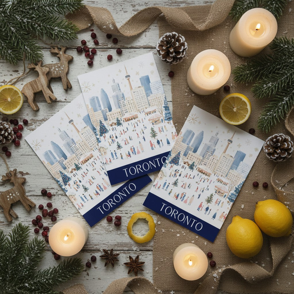 Three Toronto cityscape Christmas cards with a winter market illustration and navy blue 'TORONTO' bands, arranged on a rustic white wood surface with candles, pinecones, evergreen branches, lemons, and burlap.