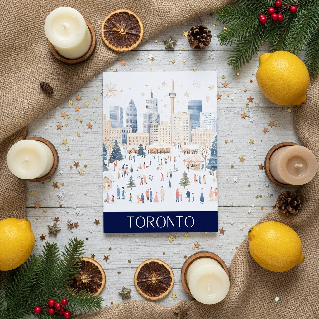 Card with a cityscape Christmas design featuring 'Toronto' surrounded by candles, lemons, and Christmas decorations on a wooden surface.