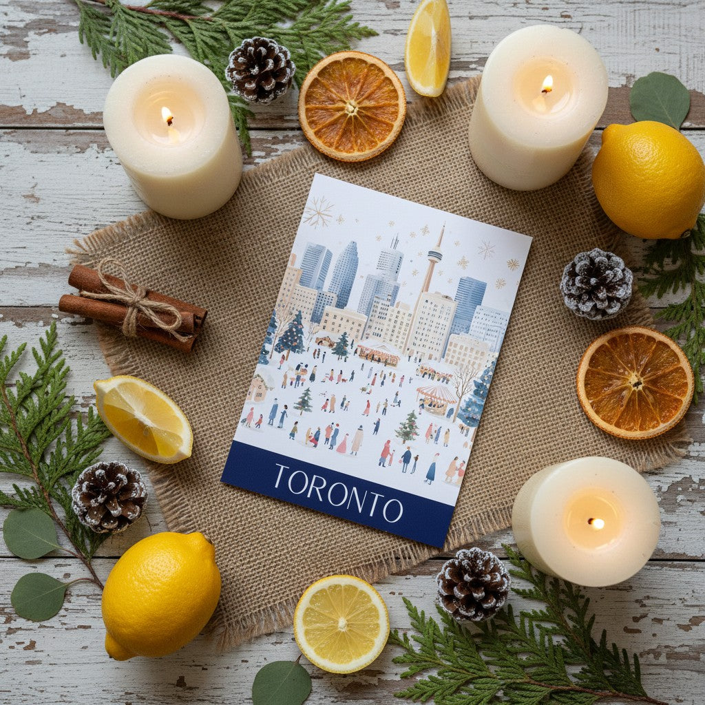 A printed card Christmas card featuring a winter city scene labelled TORONTO, arranged in a styled flat lay with lit white candles, lemons, dried orange slices, pinecones, cinnamon sticks, and evergreen branches on a burlap cloth over a whitewashed wooden surface.