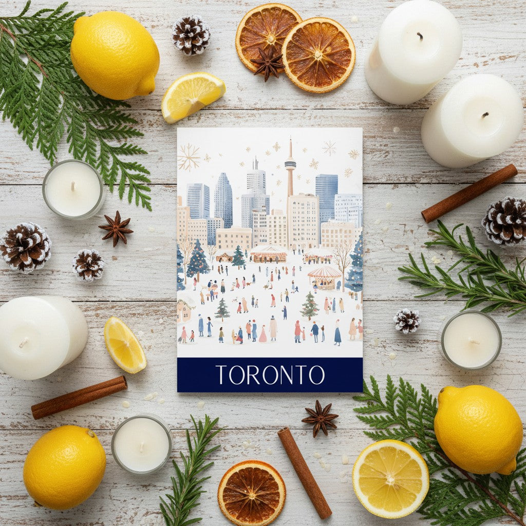 A Christmas card featuring a winter cityscape of Toronto with the word 'TORONTO' at the bottom, styled in a festive flat lay with candles, lemons, cinnamon sticks, pinecones, and evergreen branches on a whitewashed wood surface.