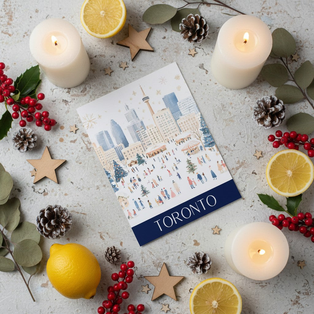 A square Toronto cityscape greeting card lies on a light stone surface, surrounded by white candles, lemons, pinecones, red berries, and wooden stars. The print shows a winter city scene with the word TORONTO at the bottom.