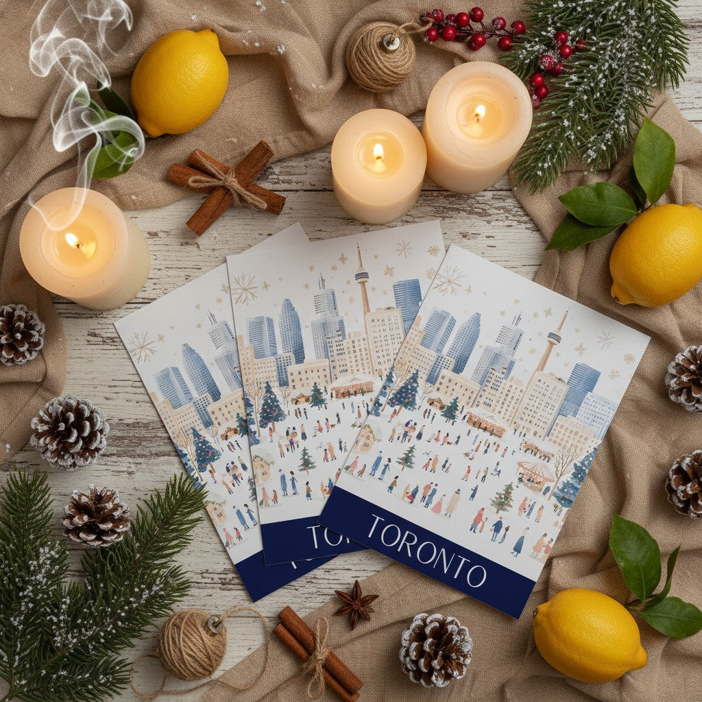 Christmas-themed cards with Toronto skyline design surrounded by candles, lemons, and pinecones on a wooden surface.