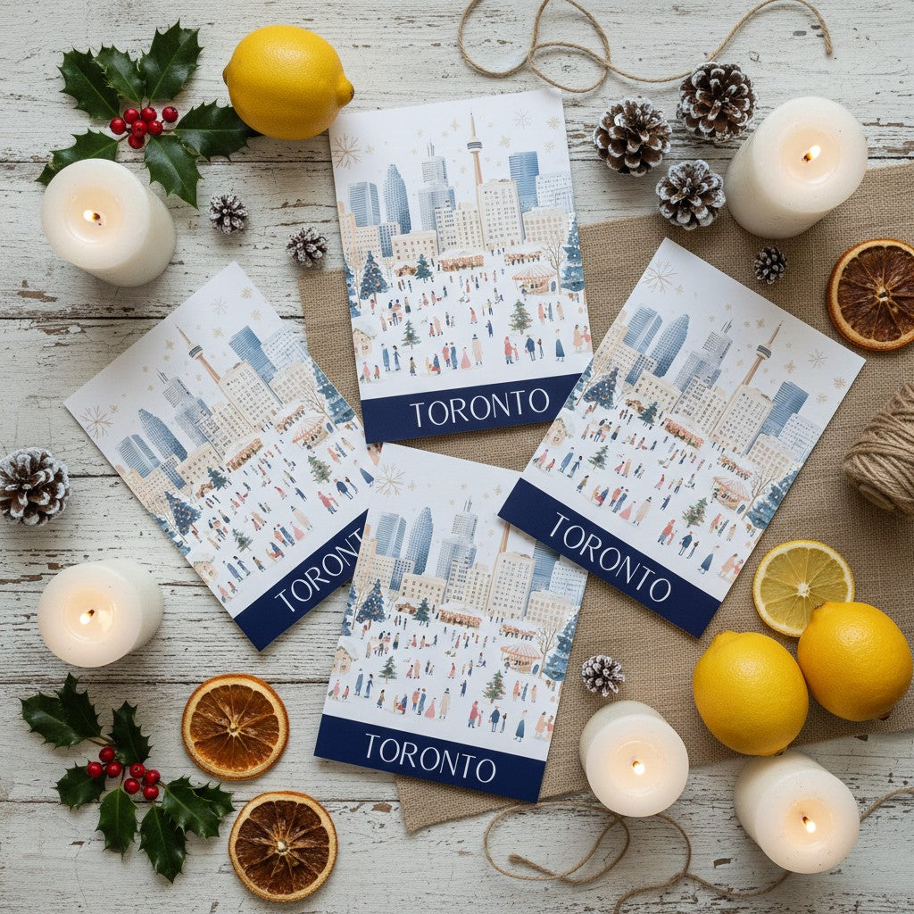 Three printed cards featuring a winter city scene labelled TORONTO, arranged on a rustic white wood surface with candles, lemons, dried orange slices, pinecones, holly, and twine.