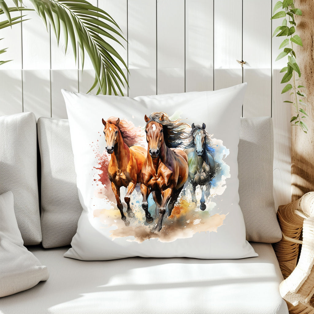 Three horses running on the front of a white cushion which is placed on a cream sofa.  White panels and green fern create the background.