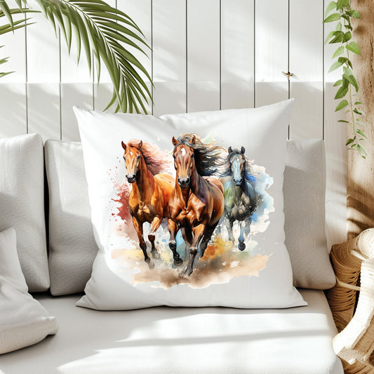 Three horses running on the front of a white cushion which is placed on a cream sofa. White panels and green fern create the background.