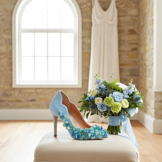 Blue high-heeled bridal shoes with pearl embellishments and a bouquet of flowers on a white stool.