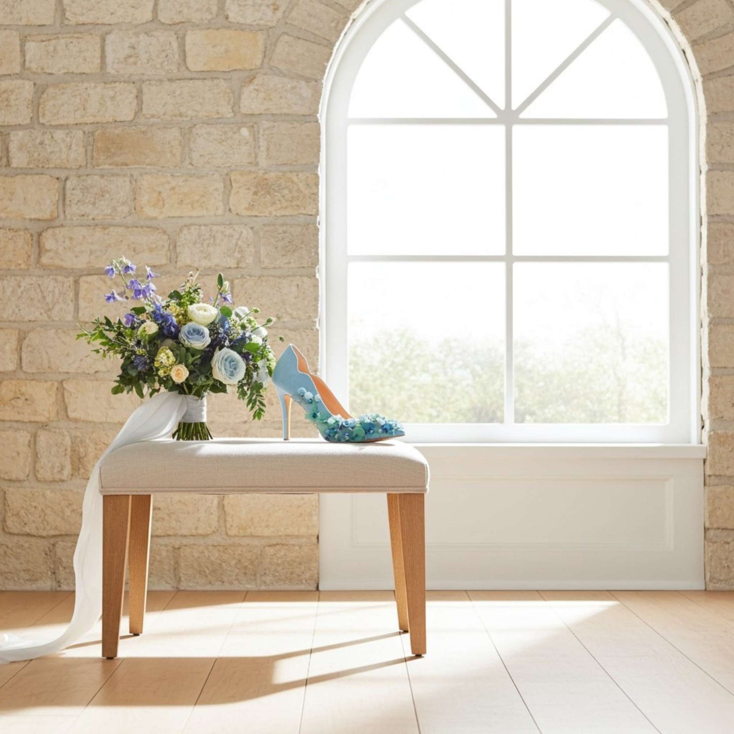 Bouquet of flowers and blue floral bridal shoes on a stool next to a window with a stone wall background