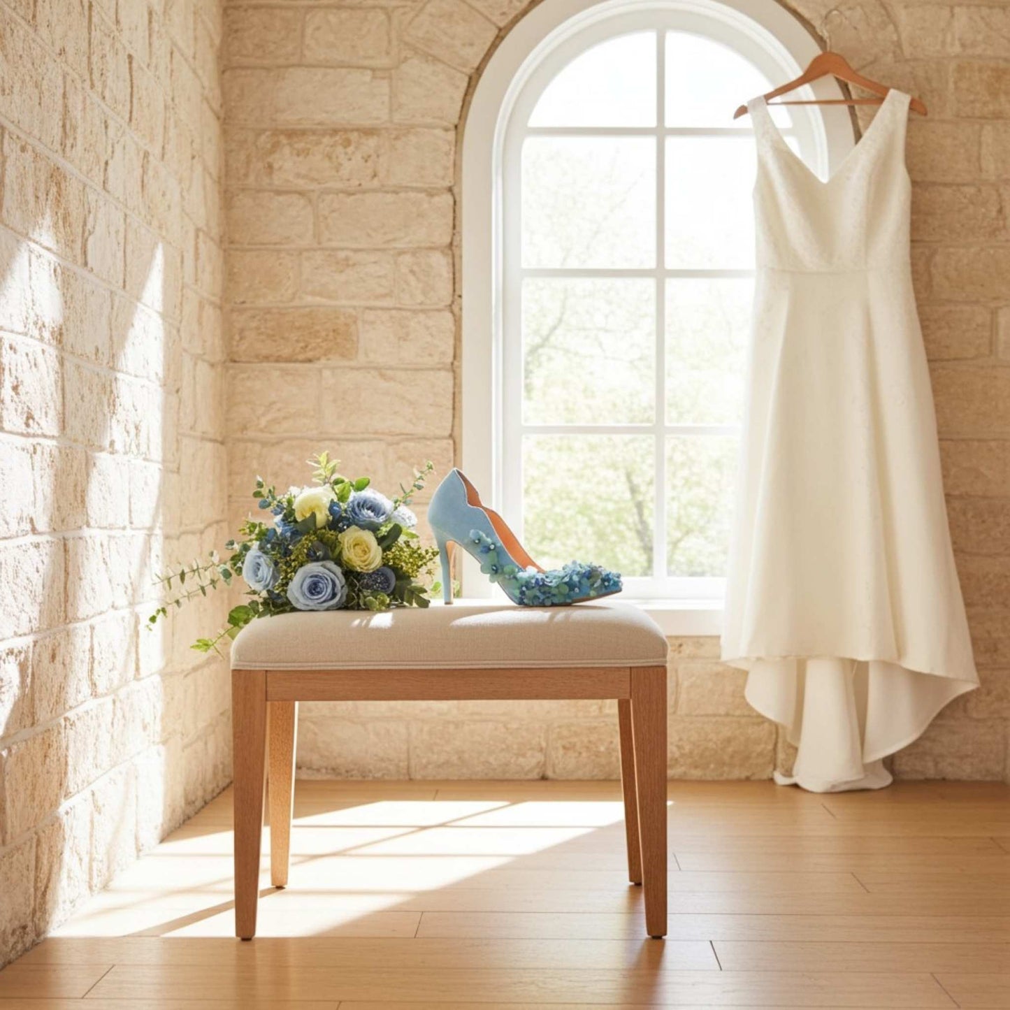 White wedding dress hanging on a brick wall with a stool with blue floral bridal shoe and flowers in front