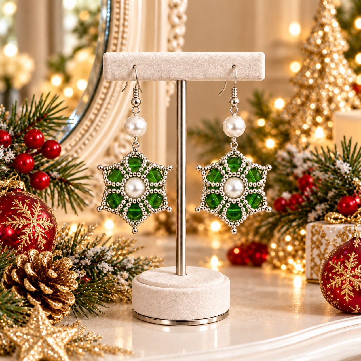 A pair of silver-toned dangle earrings with green faceted gemstone snowflake-like centres and white pearl accents, displayed on a cream jewellery stand. The scene is decorated for Christmas with green pine branches, red ornaments, gold lights, and a mirror in the background.