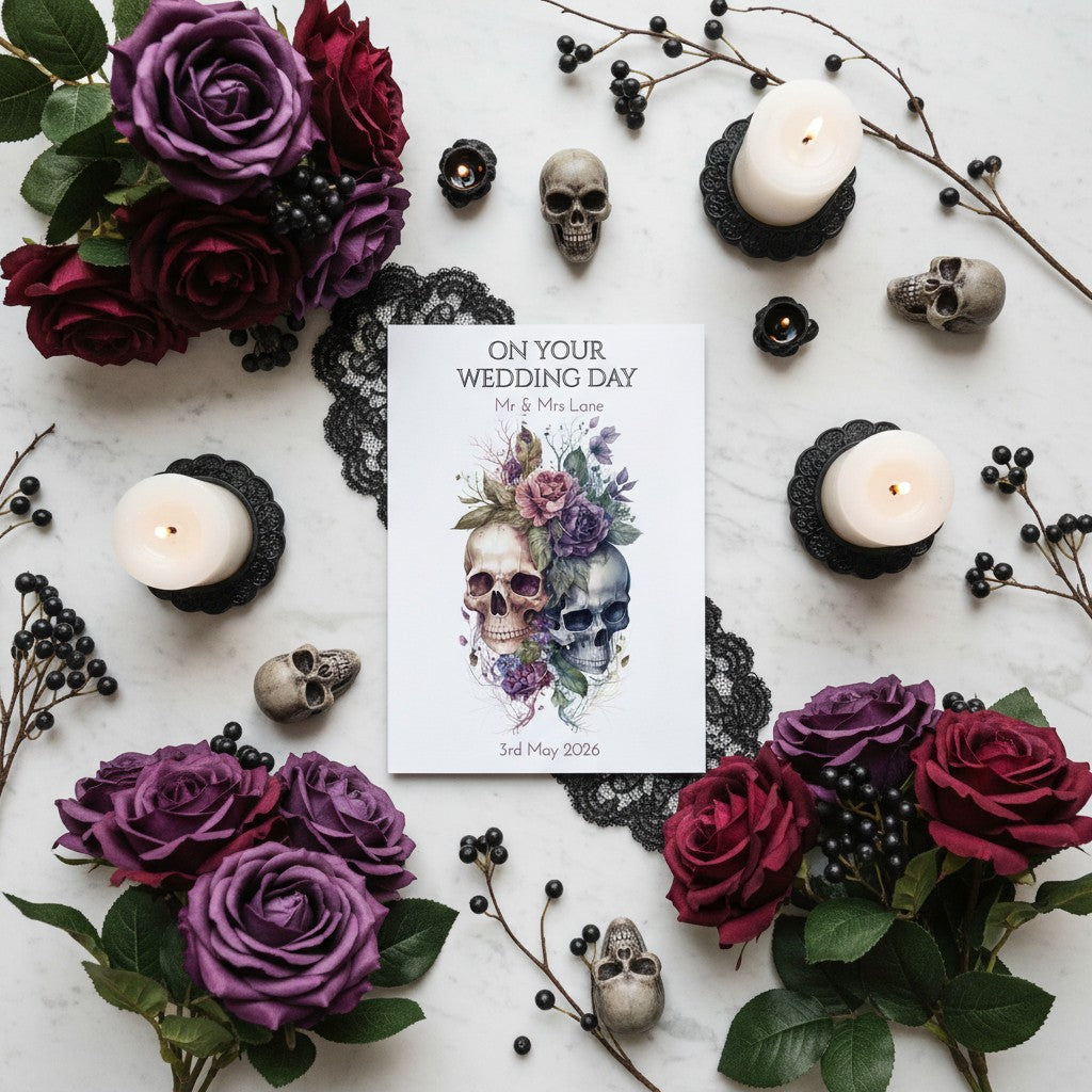 Wedding card with skull and floral design surrounded by purple and red roses, candles, and black lace on a white marble surface.
