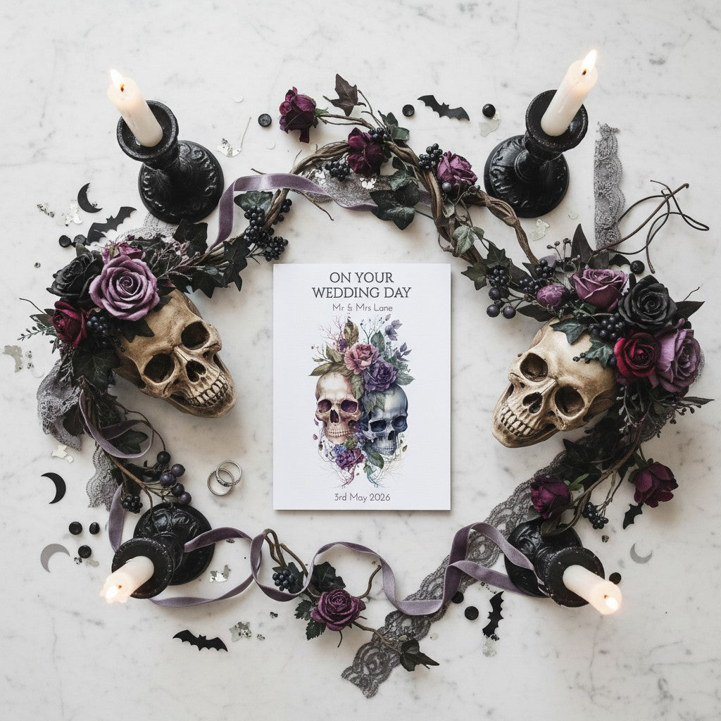 Gothic wedding wreath with skulls, candles, and a wedding card on a marble background