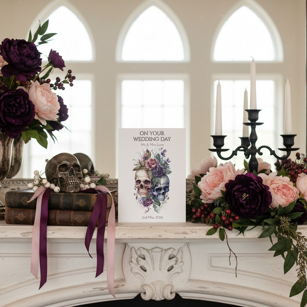 Decorative setup with flowers, skull, books, and a framed card on a mantelpiece.