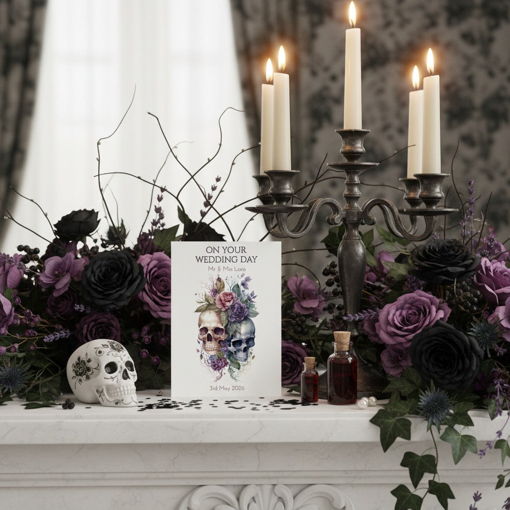 Decorative setup with candles, flowers, and a skull on a mantelpiece.