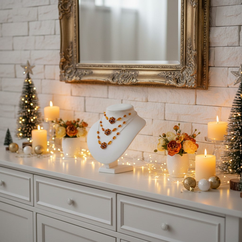 Decorative setting with jewellery on a mannequin bust, candles, and small Christmas trees in a room with a mirror.