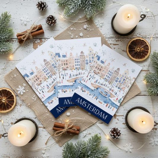 Christmas-themed Amsterdam Christmas cards with candles and decorations on a wooden surface
