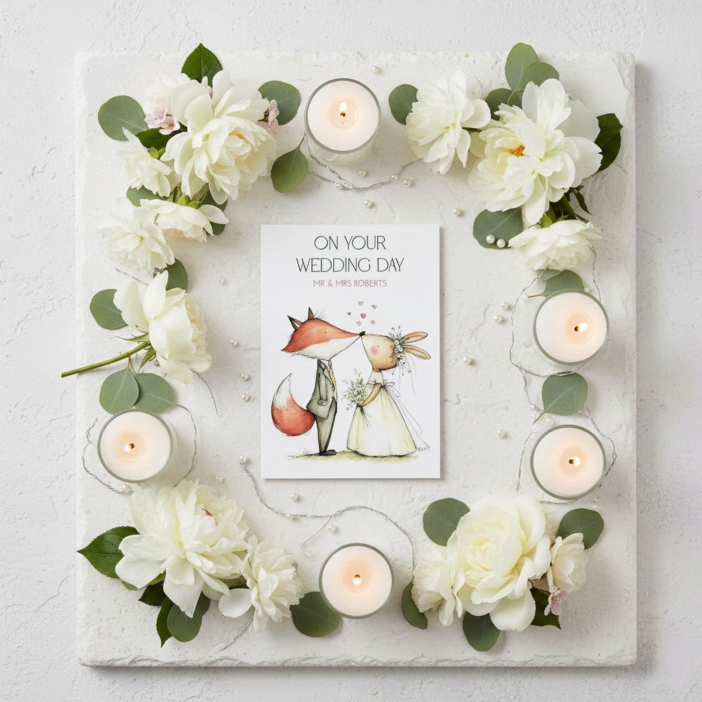 Decorative arrangement with white flowers, candles, and a cute wedding card on a light background