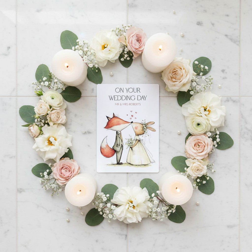 Floral wreath with candles and a wedding card on a marble surface