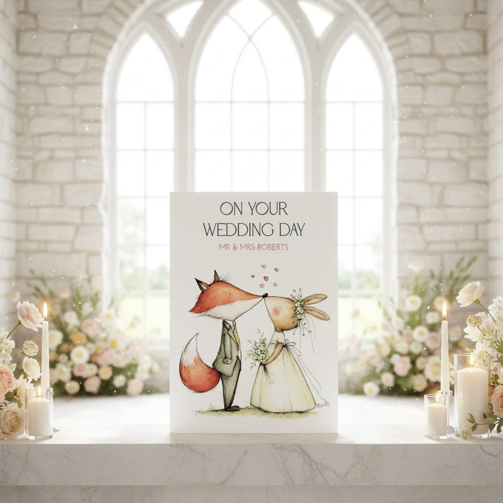 Wedding card with fox and rabbit illustration in a church setting