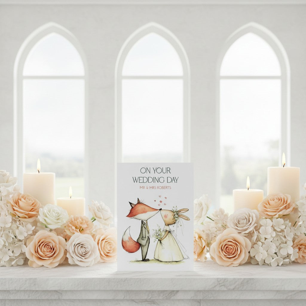 Decorative wedding card with fox and rabbit illustration between flowers and candles in a church setting