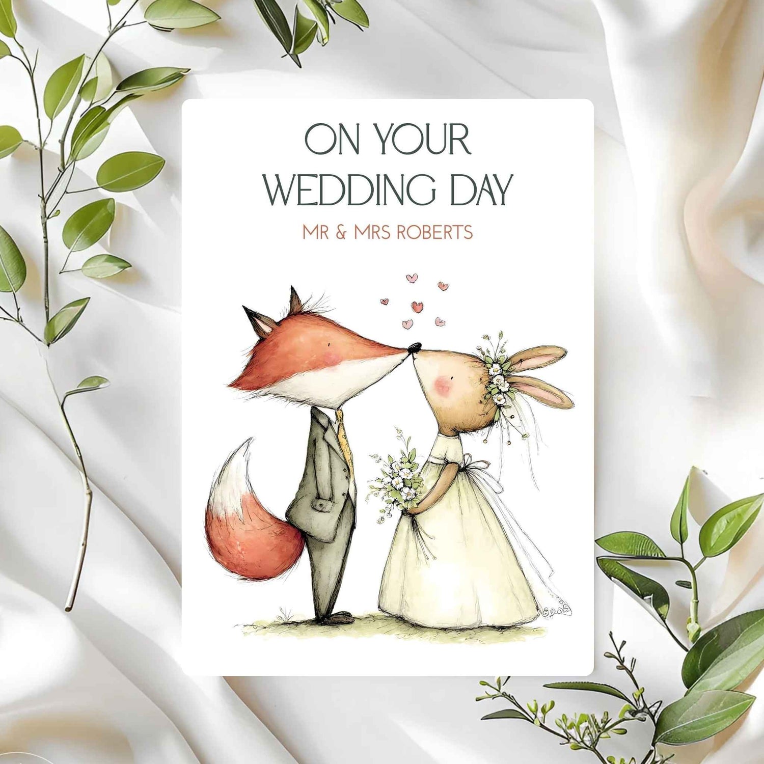 Wedding card with a fox and rabbit couple on a white background with green leaves.