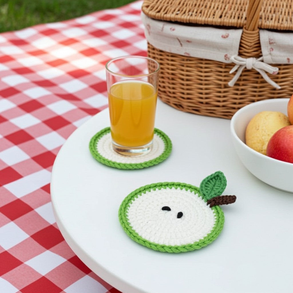 Crocheted apple-shaped coasters on a white picnic table, with one coaster holding a glass of orange juice and the other empty. A red-and-white checkered blanket, a wicker picnic basket, and a bowl of fruit are visible in the background.