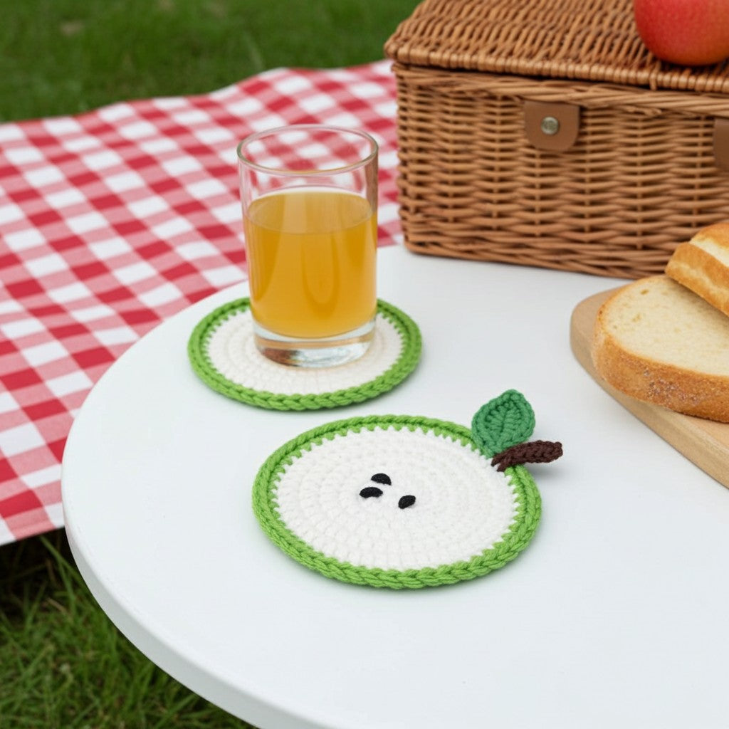 Two crocheted apple-shaped coasters on a white round table, with one coaster holding a glass of orange juice. The setting is outdoors on grass with a red-and-white checkered blanket, a wicker basket, and sliced bread in the background.