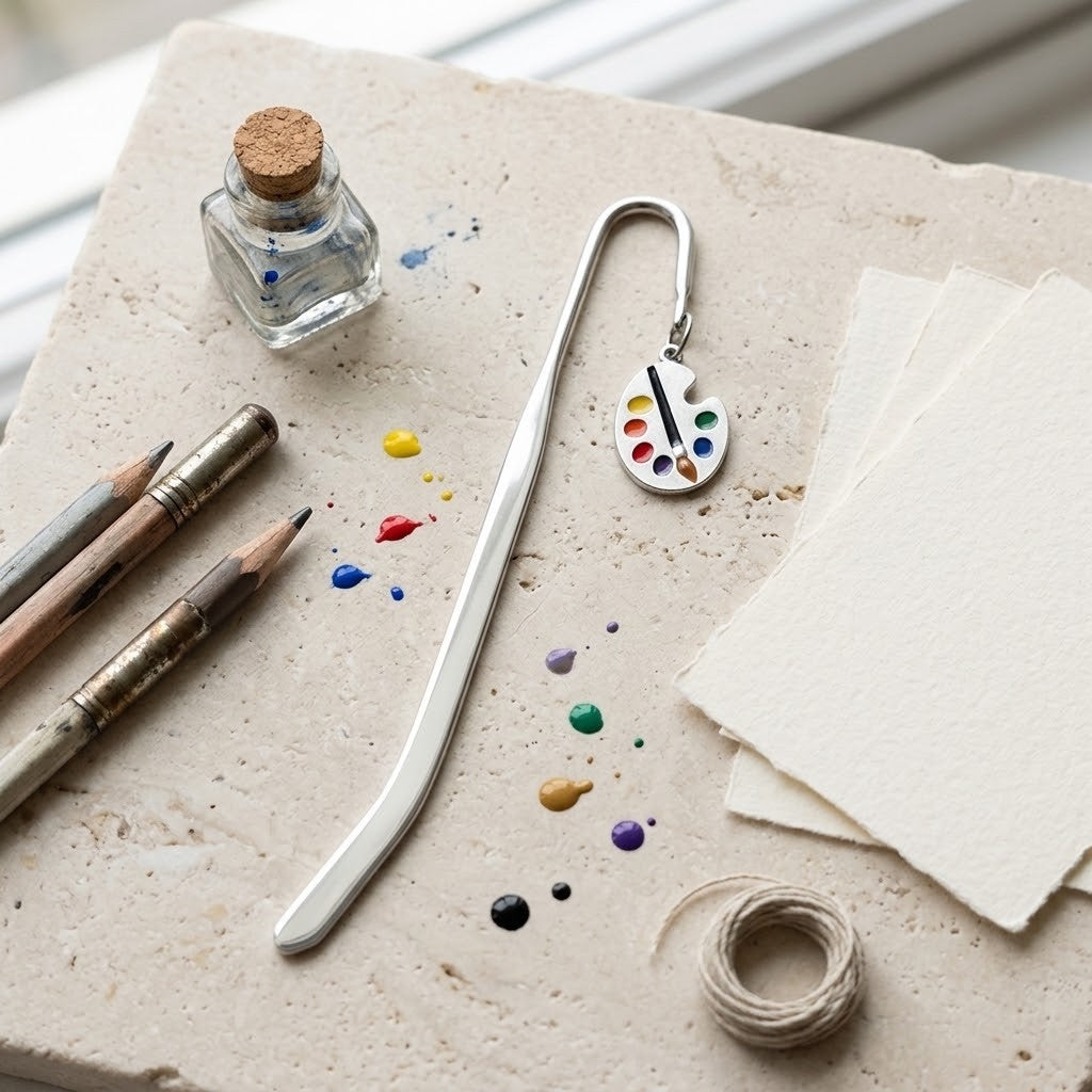 A silver metal bookmark shaped like an artist's paint palette, displayed on a textured stone surface alongside art supplies including paintbrushes, a small glass bottle with a cork, paint splatters, paper, and twine.