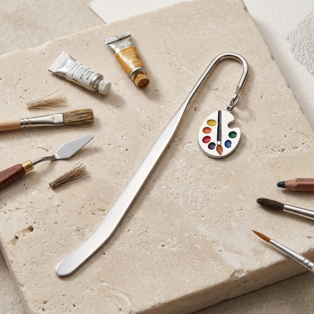 A silver metal bookmark shaped like an artist's paint palette, displayed on a textured beige stone slab alongside painting tools including paint tubes, brushes, a palette knife, and pencils.