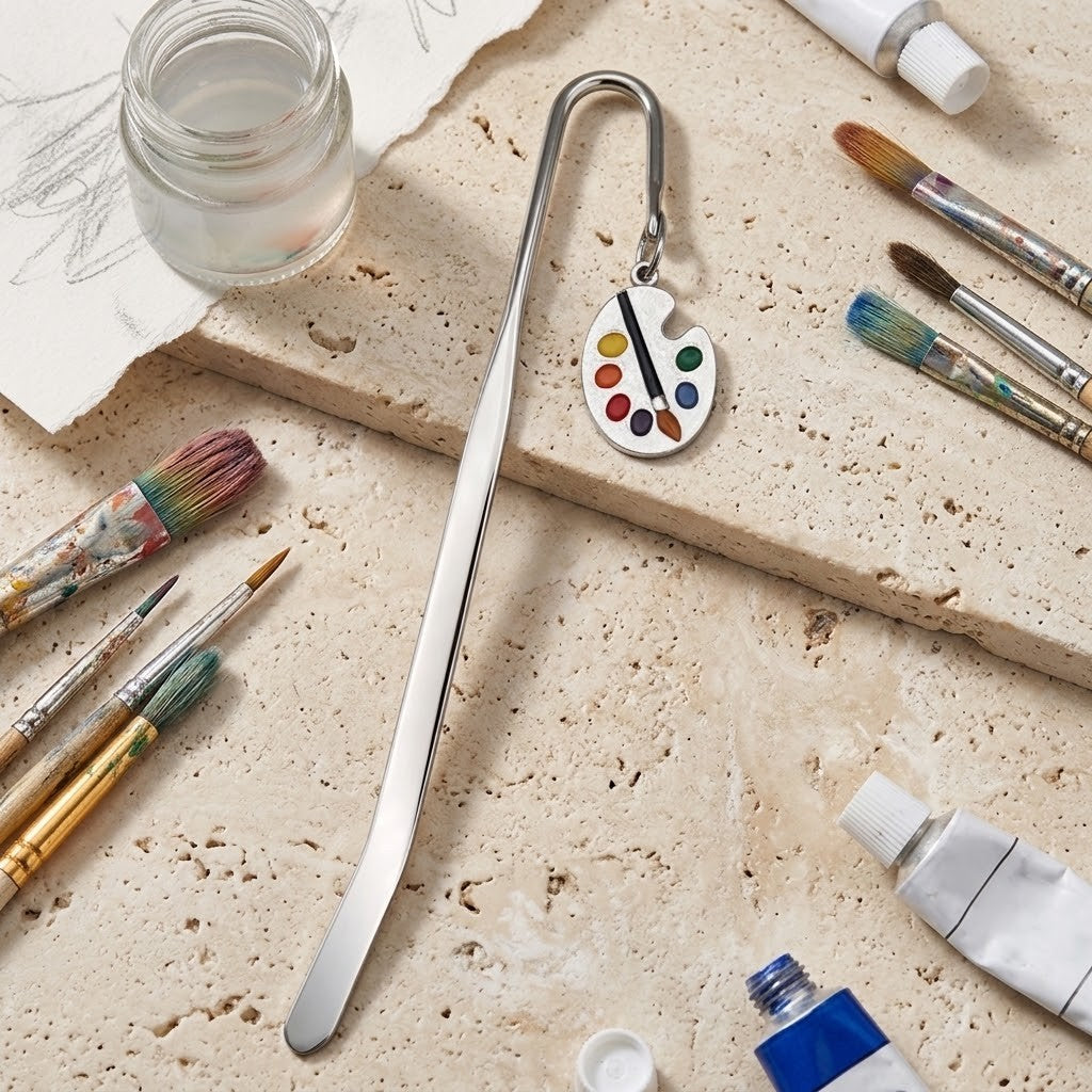 A silver metal bookmark shaped like an artist's paint palette with colourful paint droplets and a paintbrush, displayed on a textured beige stone surface surrounded by art supplies including paintbrushes, tubes, and a small glass jar.