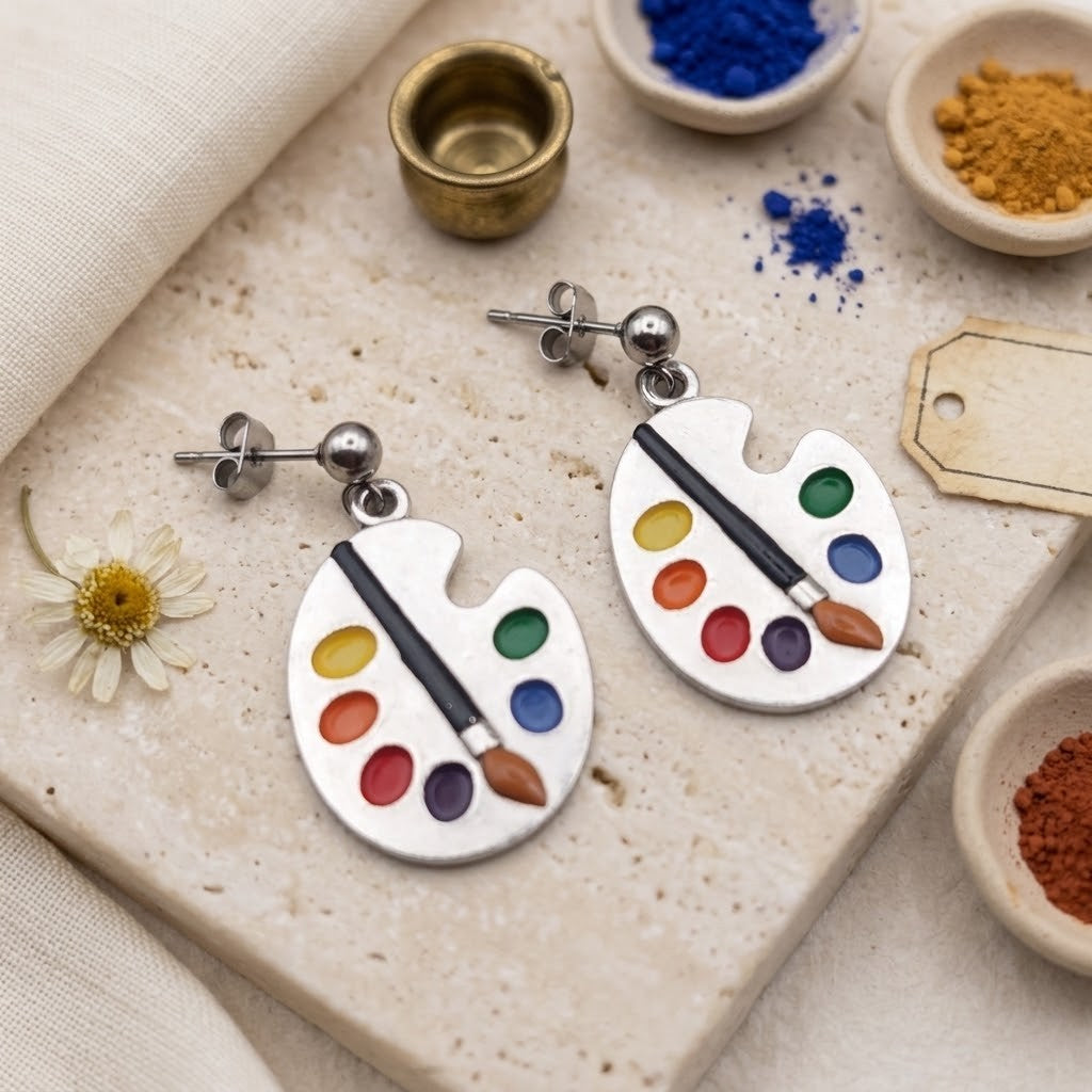 A pair of silver stud earrings shaped like paint palettes with colourful paint droplets and paintbrushes, displayed on a textured stone tile with small bowls of colorful powders and a daisy.