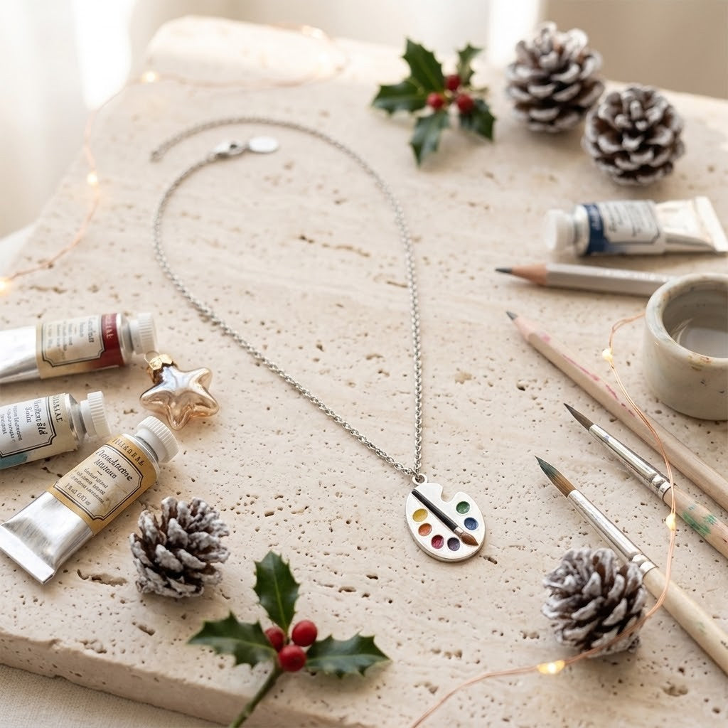 A silver necklace with a paint palette pendant is displayed on a textured stone surface surrounded by art supplies, including paint tubes, brushes, pencils, pinecones, and fairy lights.