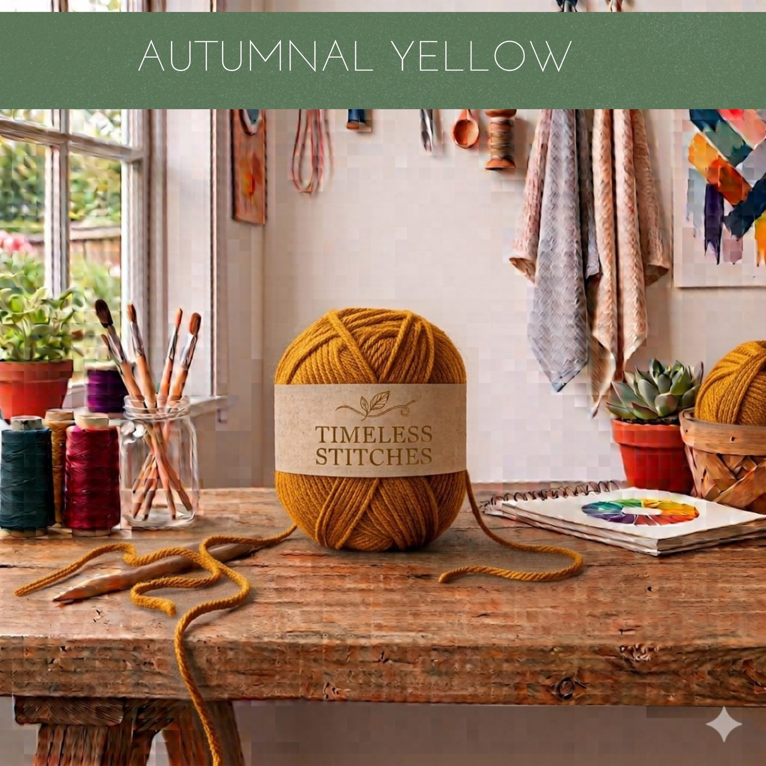 A ball of mustard-yellow yarn sits on a rustic wooden table in a cozy craft room setting, with a paper label reading 'TIMELESS STITCHES.' The scene includes yarn spools, paintbrushes in a glass jar, small potted plants, and a color wheel, with an 'AUTUMNAL YELLOW' banner at the top.