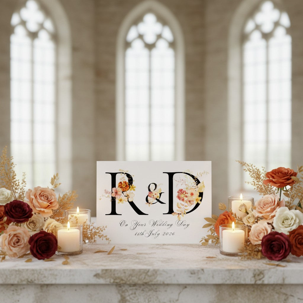Decorative wedding card with 'R&D' surrounded by flowers and candles in a church setting