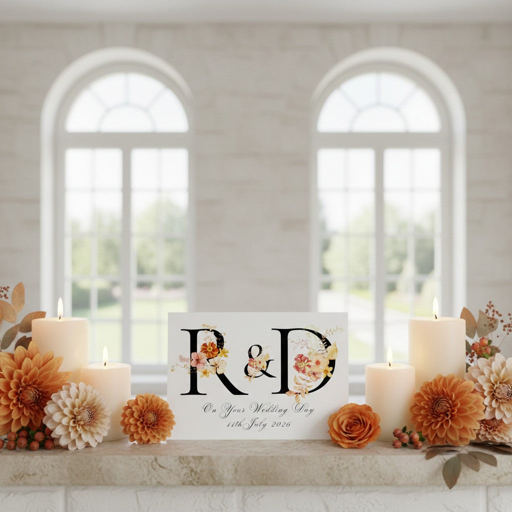 Decorative setup with candles, flowers, and a personalised wedding card in a room with large windows.