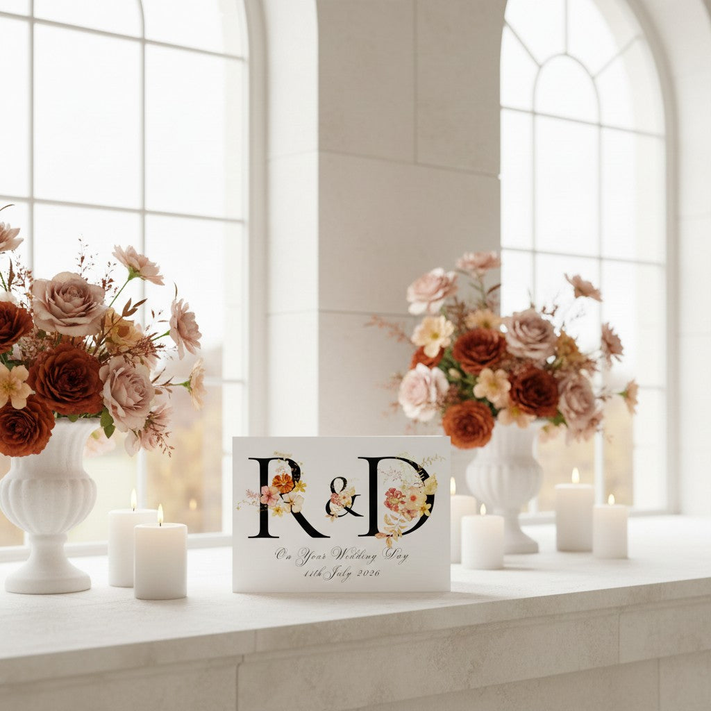 Decorative setup with floral arrangements and a sign on a white surface.