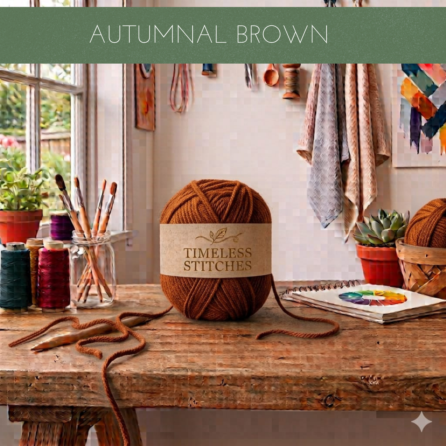 A ball of brown yarn sits on a rustic wooden table in a cozy craft room setting, with a paper label reading 'TIMELESS STITCHES' and the words 'AUTUMNAL BROWN' in a green banner at the top. Other yarn balls and craft supplies are visible in the background.