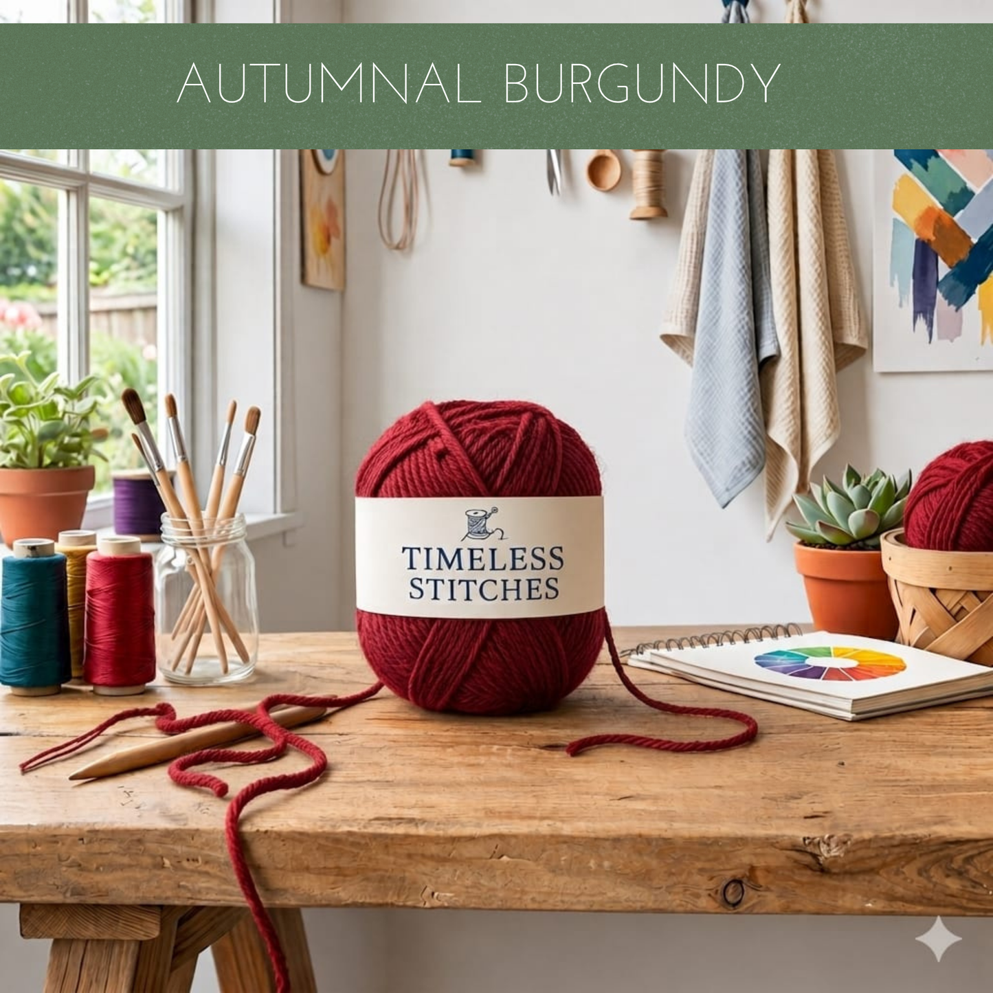 A ball of burgundy yarn labelled 'TIMELESS STITCHES' sits on a wooden table in a cosy craft room setting, with knitting needles, other yarn balls, and a colour wheel nearby. A green banner at the top reads 'AUTUMNAL BURGUNDY'.