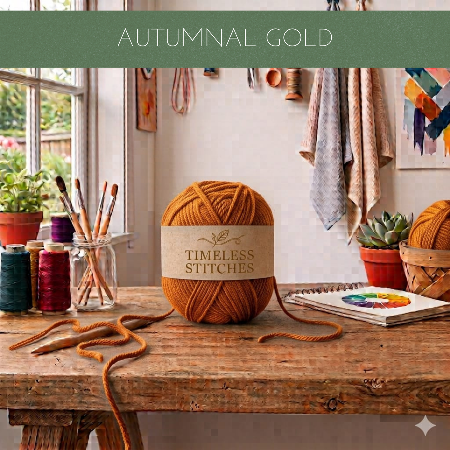 A ball of warm orange-brown yarn sits on a rustic wooden table in a cozy craft room setting. The yarn has a paper label reading 'TIMELESS STITCHES' and is surrounded by craft supplies, including spools of thread, paintbrushes in a glass jar, small potted plants, and a notebook.