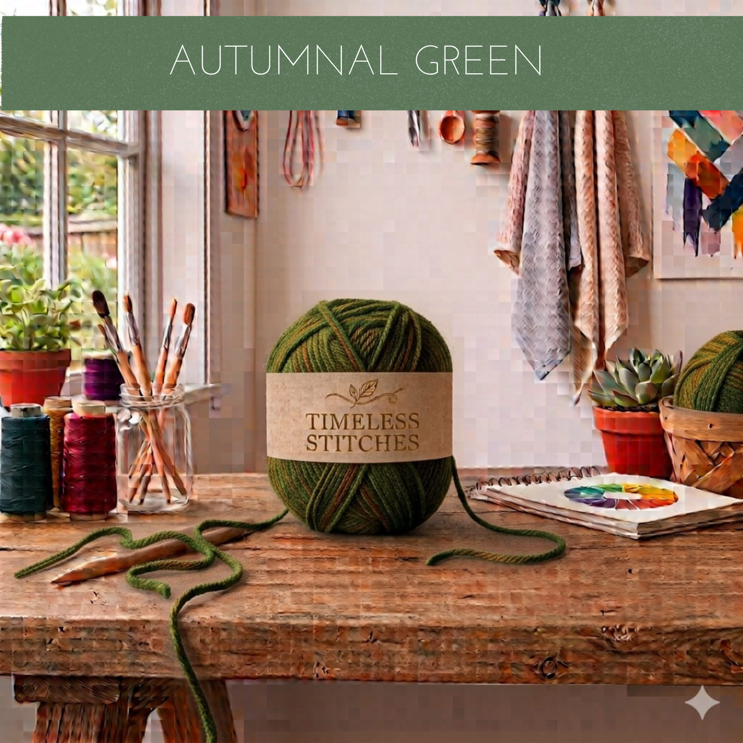 A ball of Timeless Stitches yarn in a muted autumnal green sits on a rustic wooden table in a cozy craft room setting, surrounded by knitting and painting supplies. A green banner at the top reads 'AUTUMNAL GREEN'.